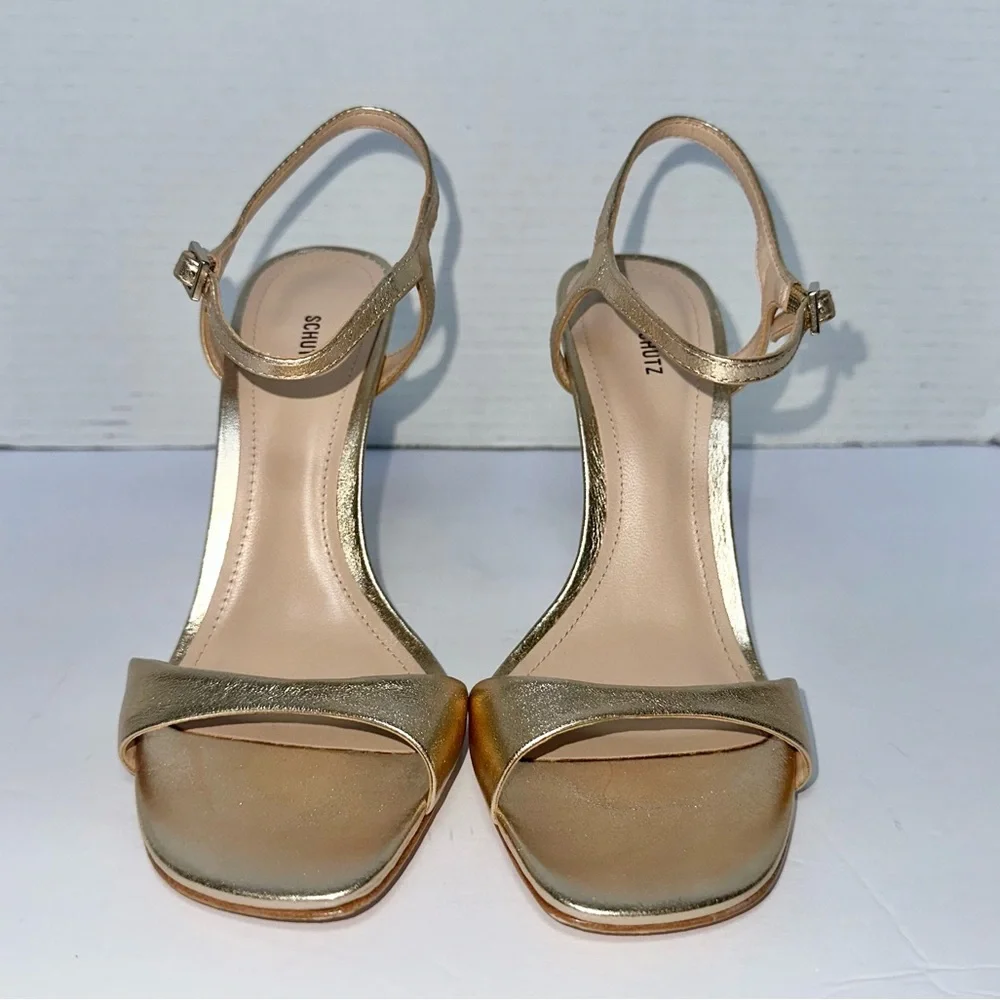 SCHUTZ Women’s Metallic Gold Jade Leather Strappy Stiletto Sandals- Size 7.5